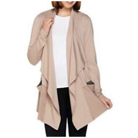 LOGO Lori Goldstein Taupe Waterfall Drape Cardigan 1X Plus Pockets Open Casual - Picture 10 of 10